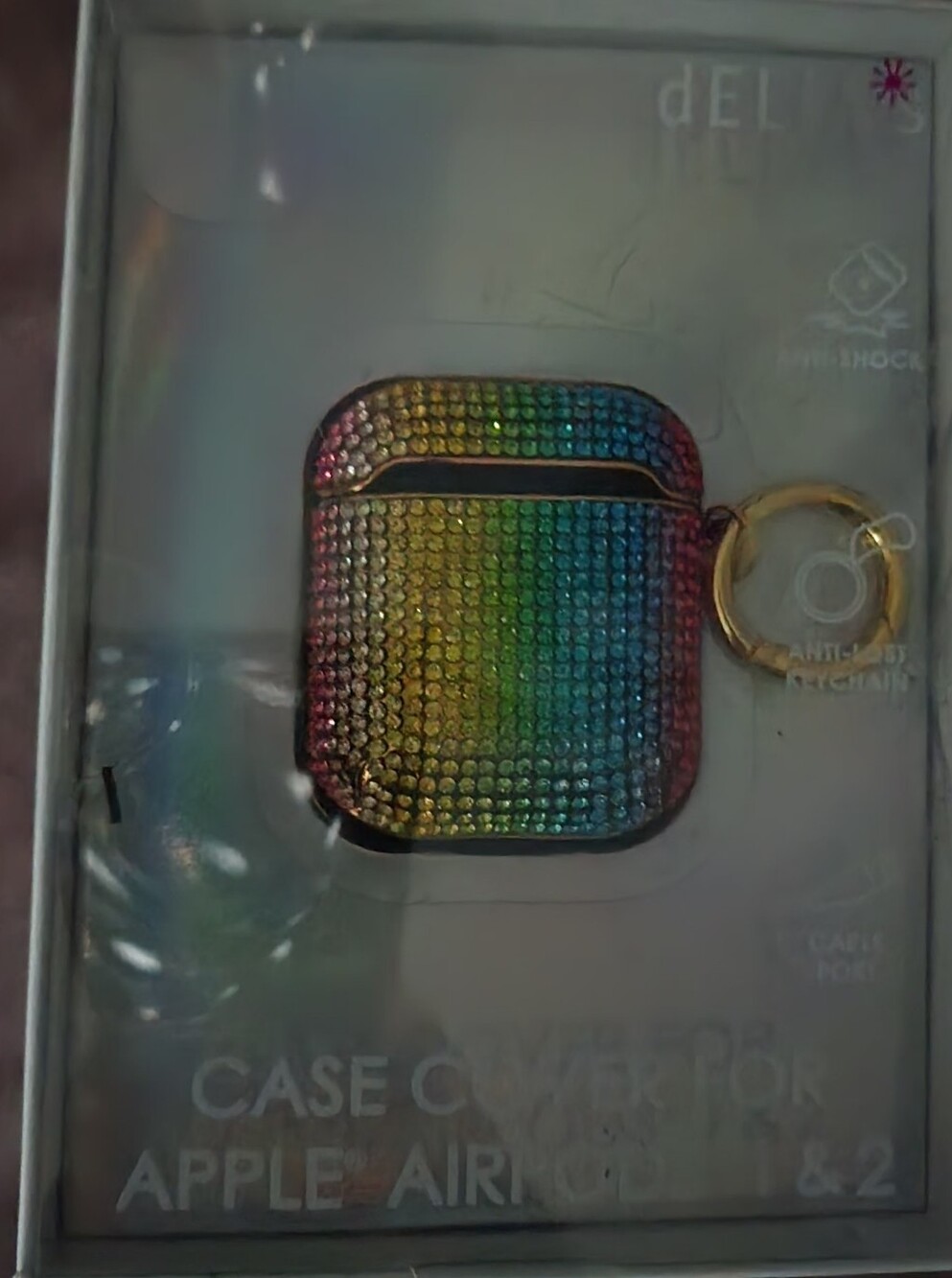 dELiA*s Rainbow Rhinestone AirPods Case w/ Gold Keyring